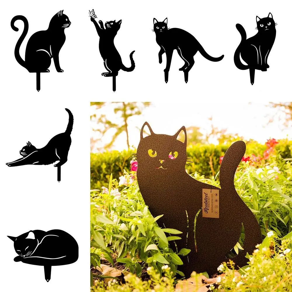 Iron Art Black Cat Garden Statue Silhouette Sculpture Outdoor Garden Backyard Decoration Waterproof Cat Figurine Yard Art