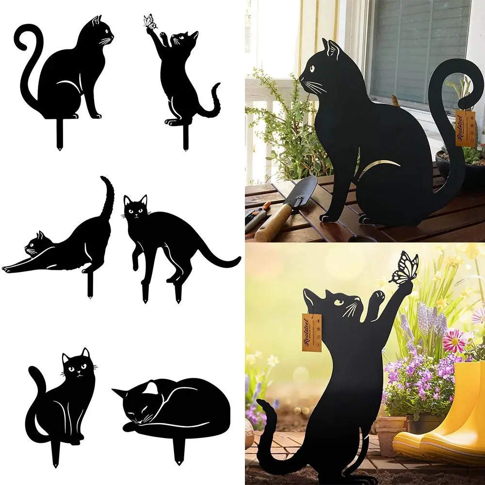 Iron Art Black Cat Garden Statue Silhouette Sculpture Outdoor Garden Backyard Decoration Waterproof Cat Figurine Yard Art