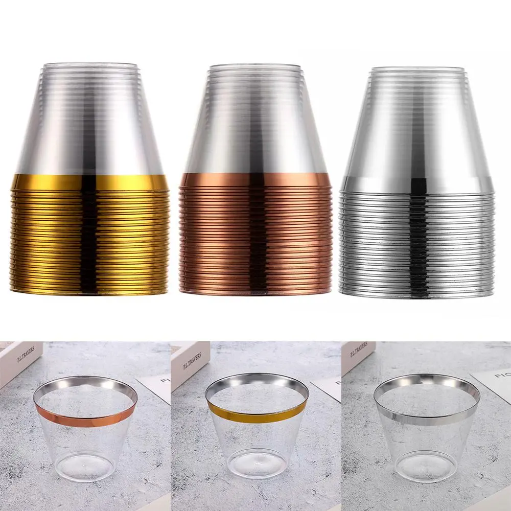 Disposable Plastic Cups Rose Gold Rimmed Transparent Cups Tableware for Wedding Birthday Party Cups