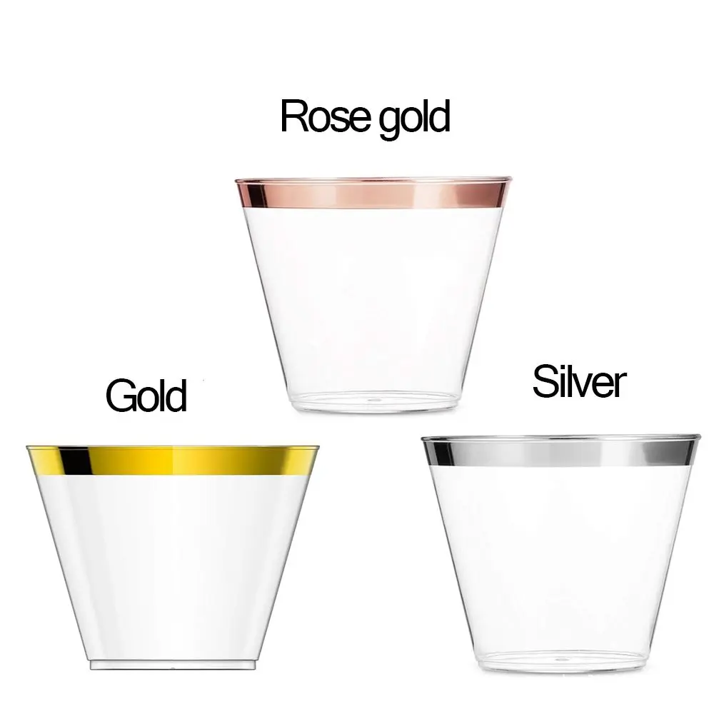 Disposable Plastic Cups Rose Gold Rimmed Transparent Cups Tableware for Wedding Birthday Party Cups