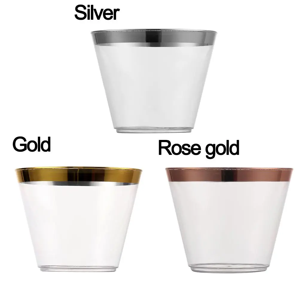 Disposable Plastic Cups Rose Gold Rimmed Transparent Cups Tableware for Wedding Birthday Party Cups
