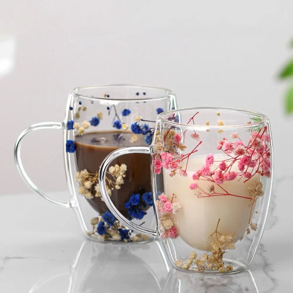 350ml Dried Flower Double Walled Glass Mug Cup Coffee Mug with Dry Flowers Decorative Creative Flower Mug Double Wall Flower Cup