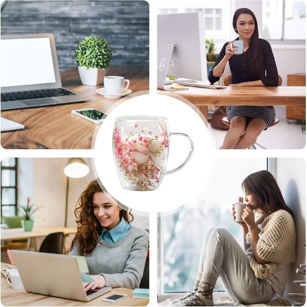350ml Dried Flower Double Walled Glass Mug Cup Coffee Mug with Dry Flowers Decorative Creative Flower Mug Double Wall Flower Cup