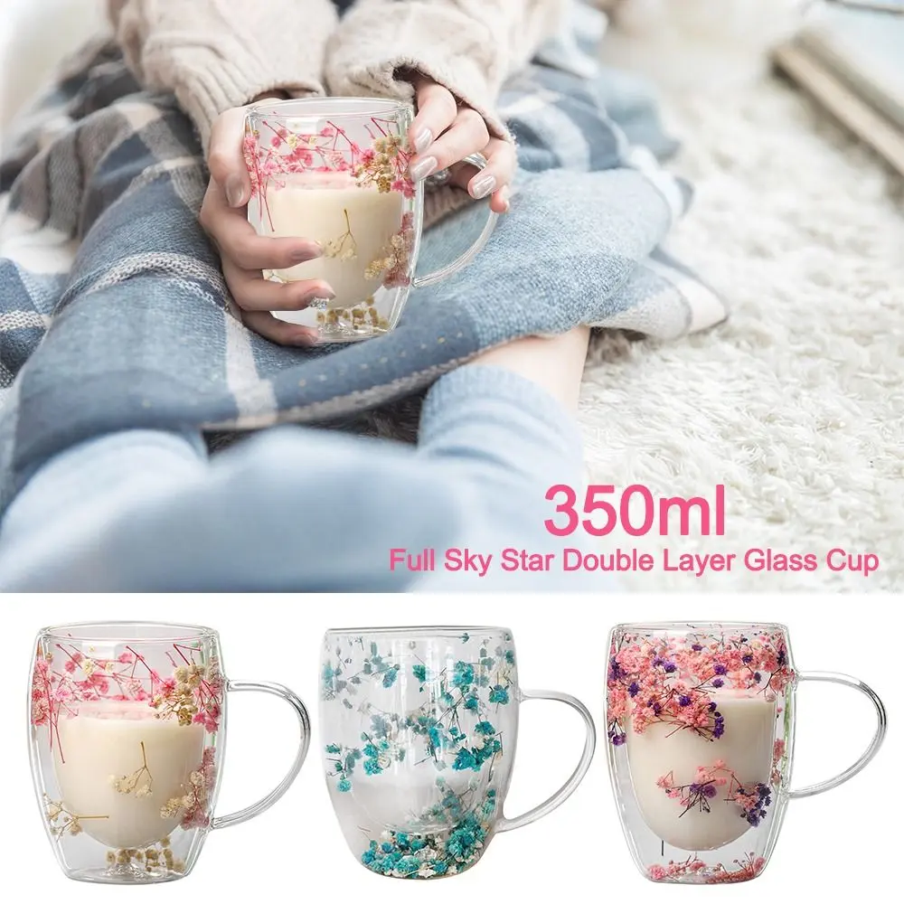 350ml Dried Flower Double Walled Glass Mug Cup Coffee Mug with Dry Flowers Decorative Creative Flower Mug Double Wall Flower Cup
