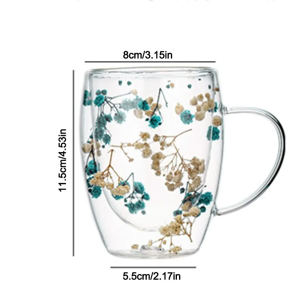 350ml Dried Flower Double Walled Glass Mug Cup Coffee Mug with Dry Flowers Decorative Creative Flower Mug Double Wall Flower Cup
