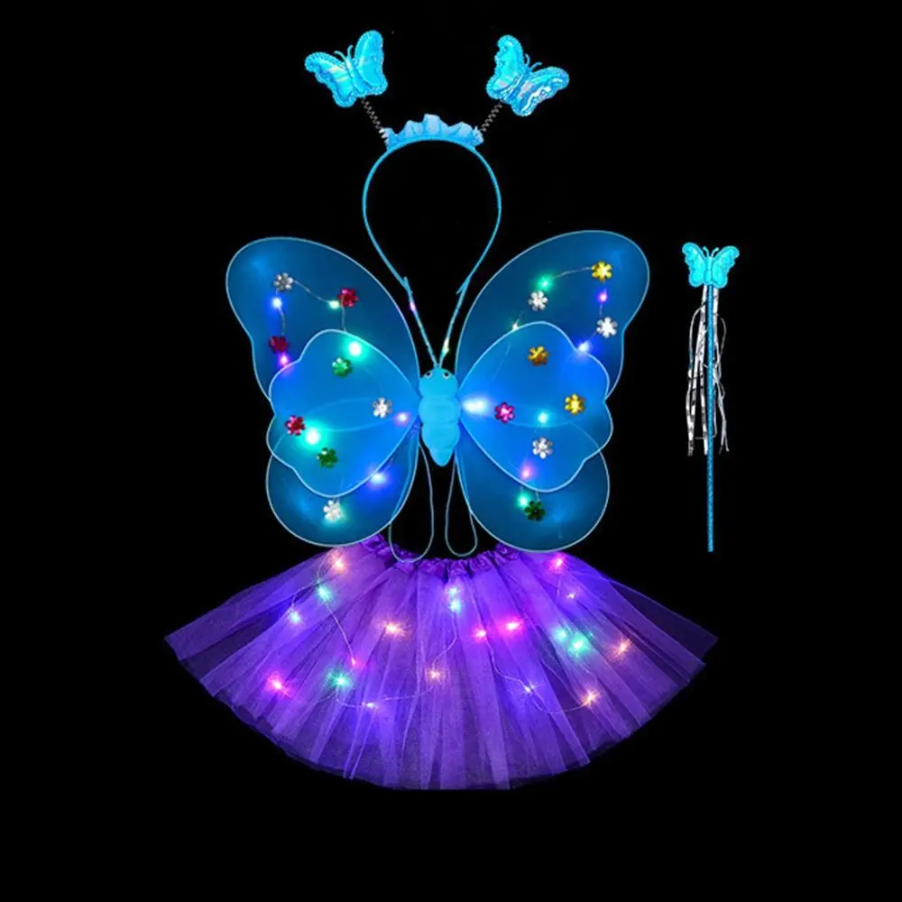 LED Children Costume Props Angel Luminous Wings Girls Skirts Flashing Butterfly Skirt Lights Suit 2-8year Easter Valentines Day