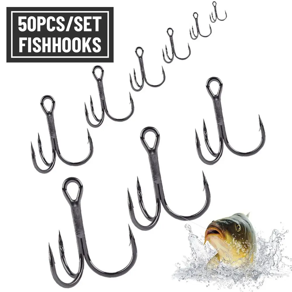 50Pcs Black Nickel  Super Sharp Fishhooks Treble Fishing Hooks  High Carbon Steel Matte Tin Hooks Fishing Tackle