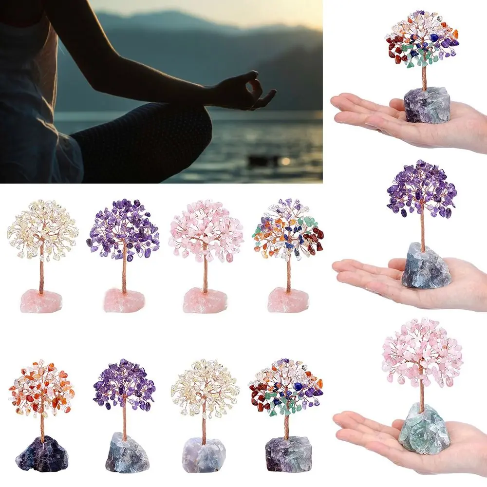 Crystal Money Tree Copper Wire Wrapped Agate Fluorite Base Potted Plants Stone Crafts Gemstone Reiki Chakra Trees Home Decor