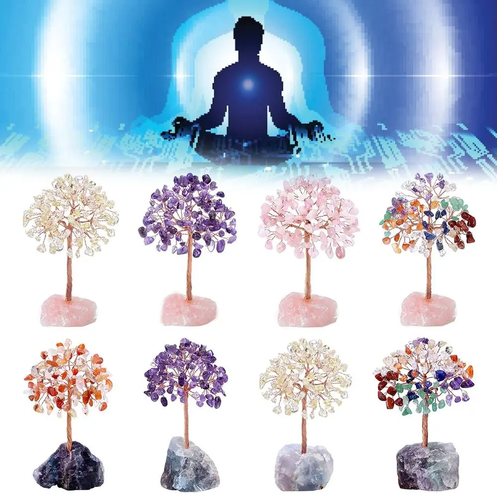 Crystal Money Tree Copper Wire Wrapped Agate Fluorite Base Potted Plants Stone Crafts Gemstone Reiki Chakra Trees Home Decor