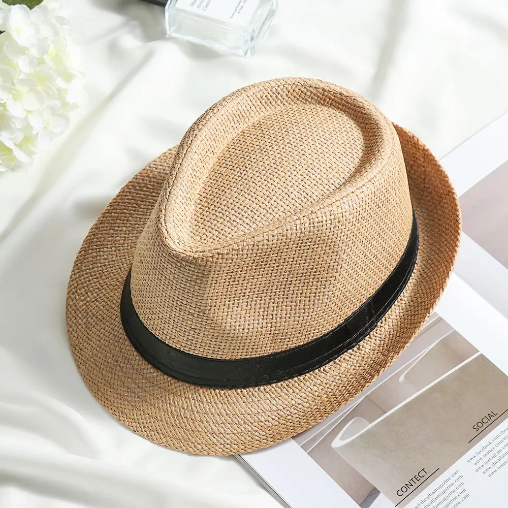 Unisex Fashion Beach Sun Cap Summer Wide Brim Straw Panama Cap Casual Jazz Dress Hat Cowboy Fedora Hat Gangster Cap