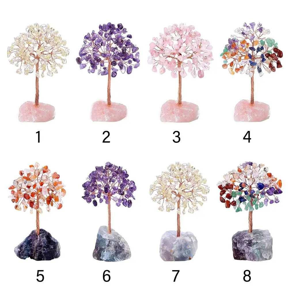 Crystal Money Tree Copper Wire Wrapped Agate Fluorite Base Potted Plants Stone Crafts Gemstone Reiki Chakra Trees Home Decor