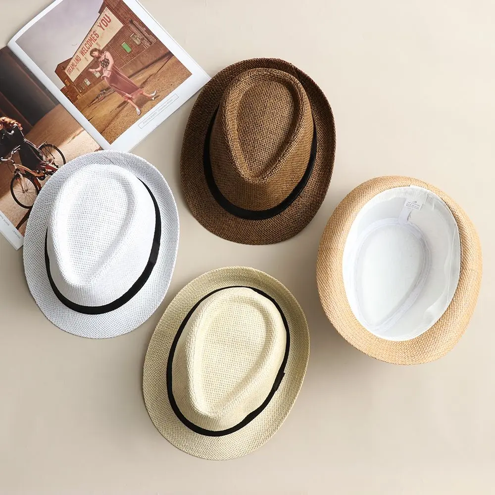 Unisex Fashion Beach Sun Cap Summer Wide Brim Straw Panama Cap Casual Jazz Dress Hat Cowboy Fedora Hat Gangster Cap