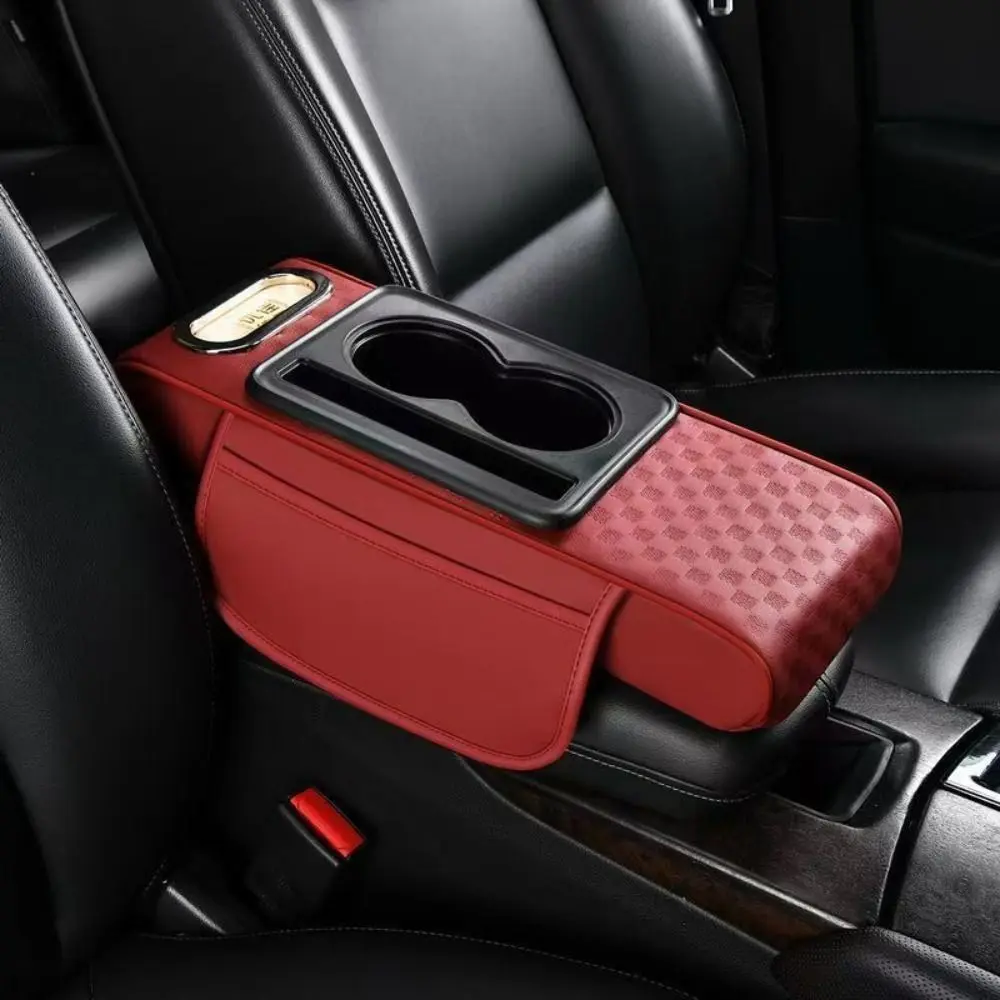 Universal Car Center Console Height Increasing Armrest Cushion Multifunctional PU Leather Armrest Pad with Cup Holder Tissue Box