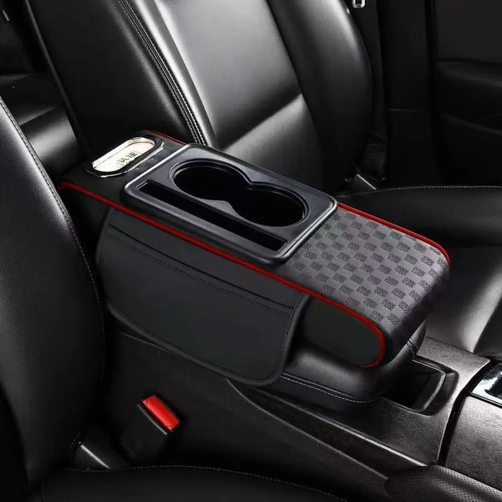 Universal Car Center Console Height Increasing Armrest Cushion Multifunctional PU Leather Armrest Pad with Cup Holder Tissue Box