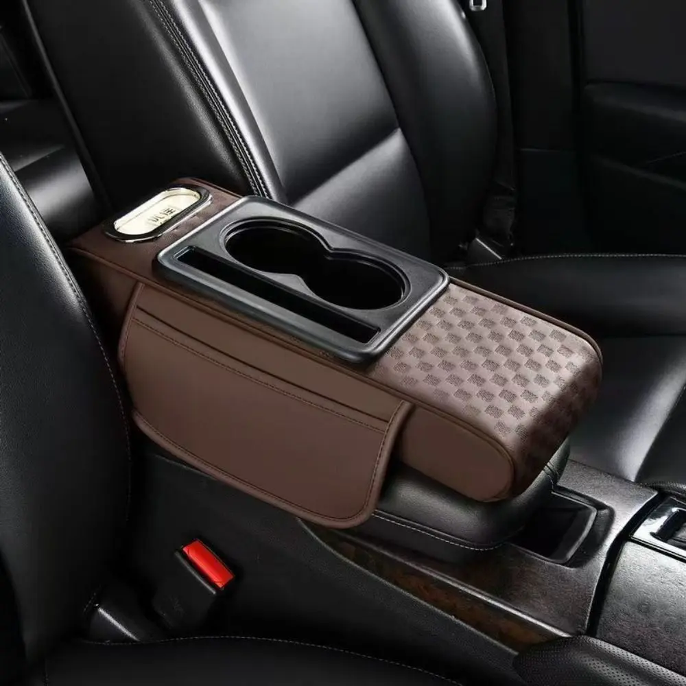 Universal Car Center Console Height Increasing Armrest Cushion Multifunctional PU Leather Armrest Pad with Cup Holder Tissue Box