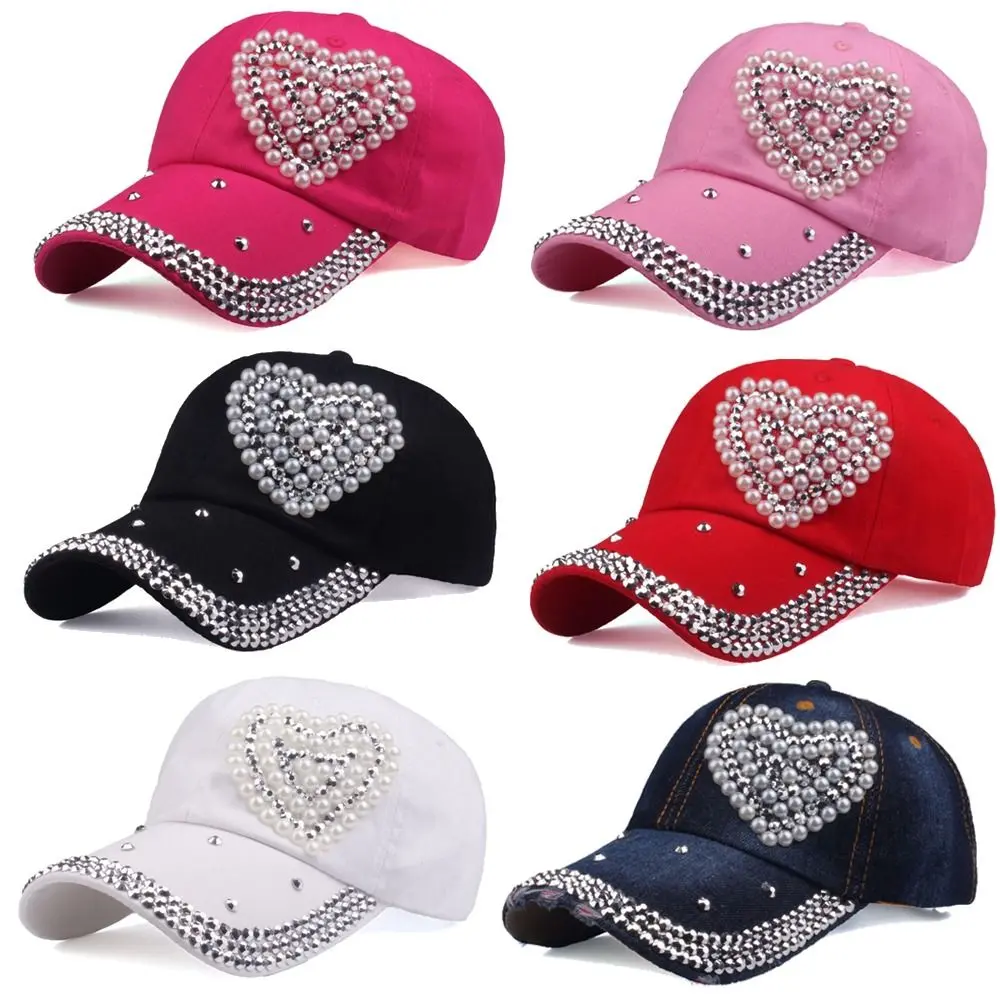 NEW Fashion Baseball Caps Women Man Adjustable Heart Shaped Rhinestones Studded Peaked Cap Hip Hop Hat Kids Cotton Baseball Caps