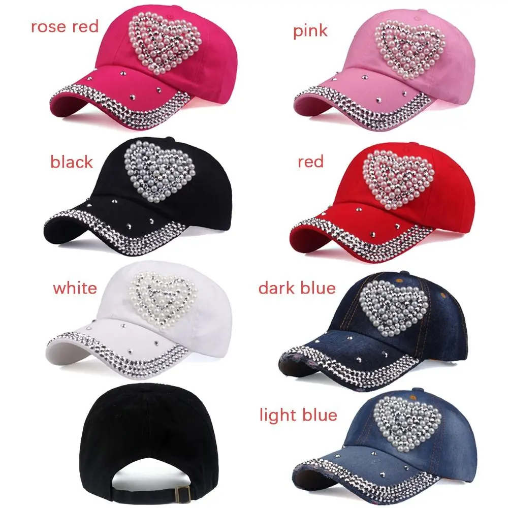 NEW Fashion Baseball Caps Women Man Adjustable Heart Shaped Rhinestones Studded Peaked Cap Hip Hop Hat Kids Cotton Baseball Caps