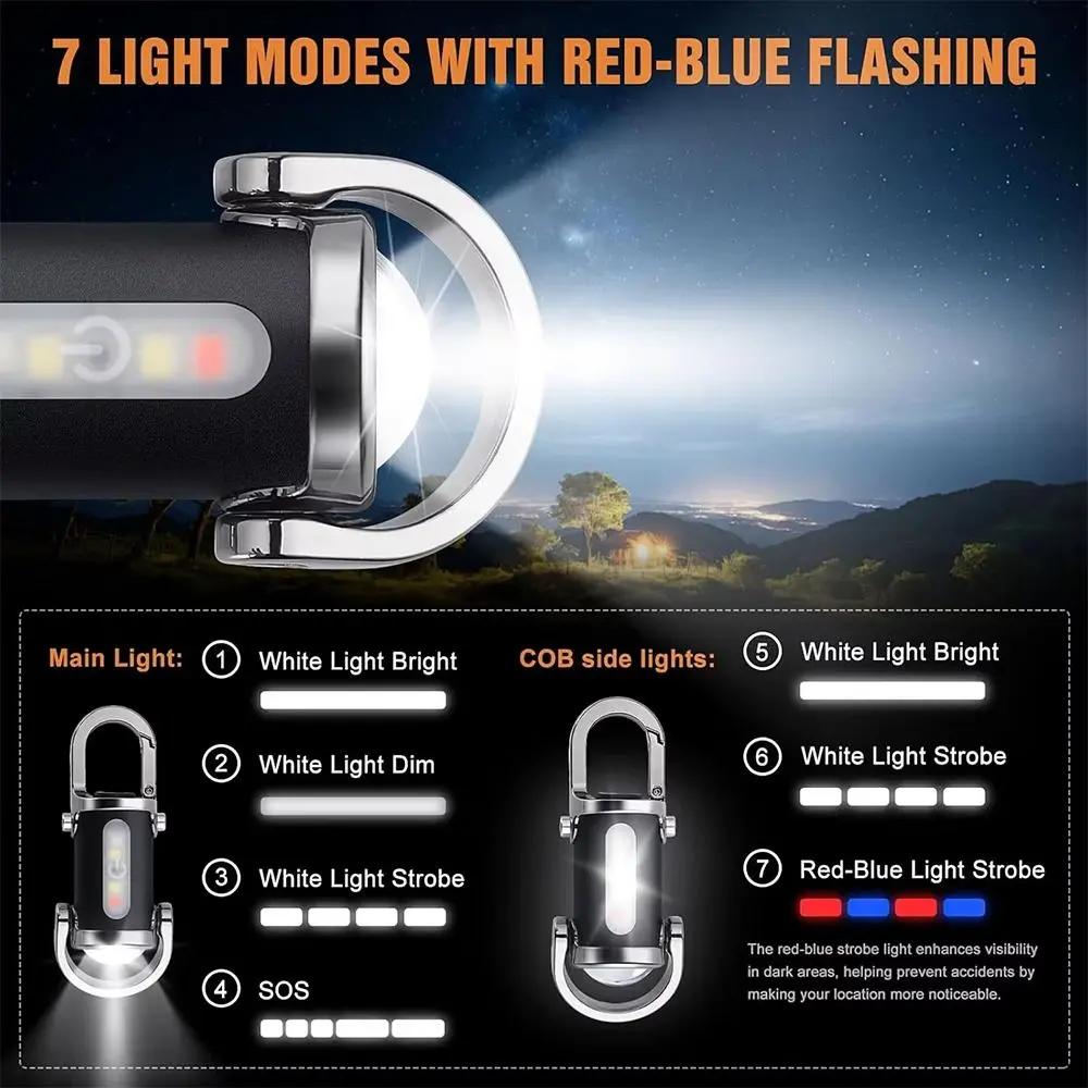 Portable Mini LED COB Flashlight USB Rechargeable Torch Keychain Lamp Pocket Outdoor Camping Working Lantern with Red&Blue Ligh