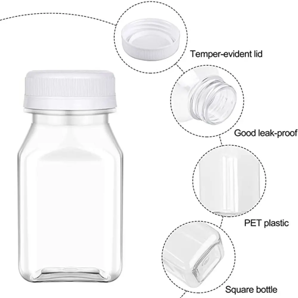 4 Pcs Plastic Juice Bottles 120ML/150ML Transparent Clear Drink Containers Tamper Proof Lids Empty Square Split Beverage Bottle