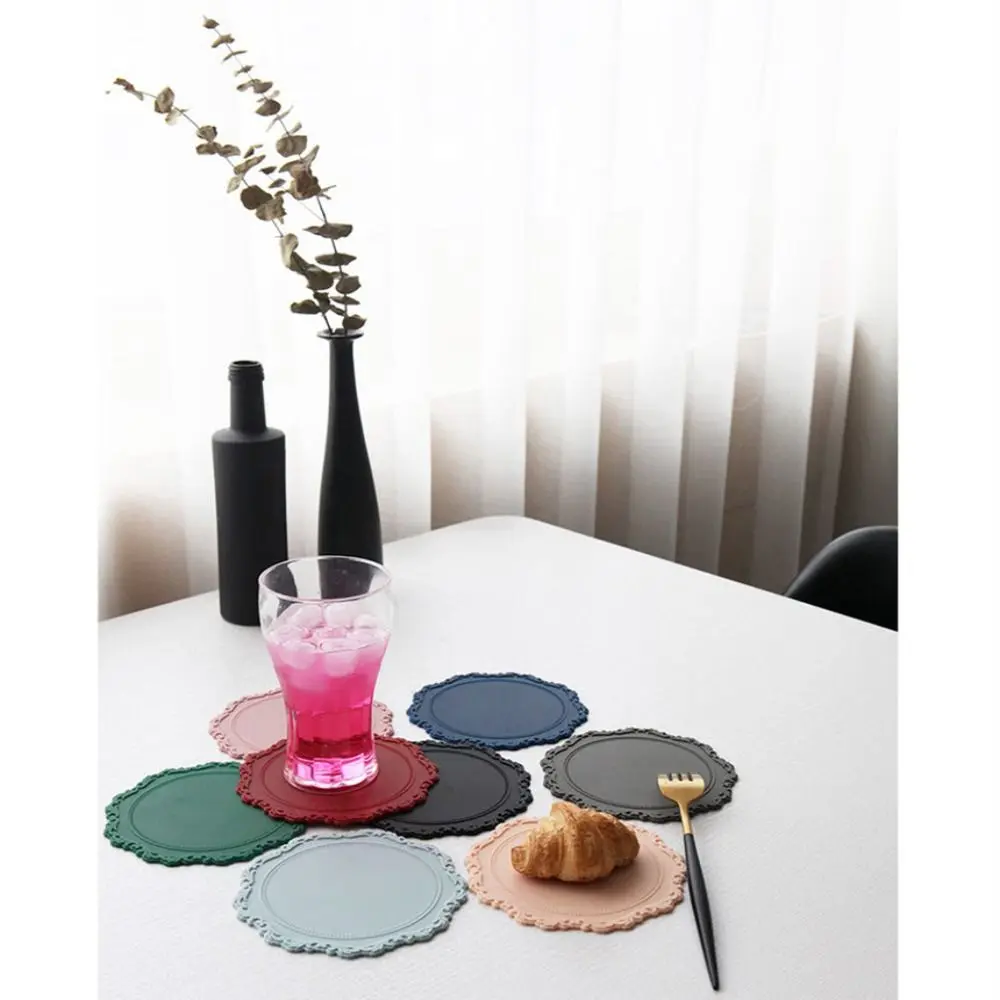 2pcs Lace Silicone Coaster Placemat Relief Bottom Non-slip Table Decoration Mat Kitchen Accessories Round Cup Mat Tableware Pad