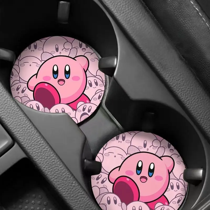 Kawaii Kirby Car Coaster Cute Anime Cartoon Water Cup Slot Storage Mat Car Decoration Thickened Non-slip Accessory Couple Gift