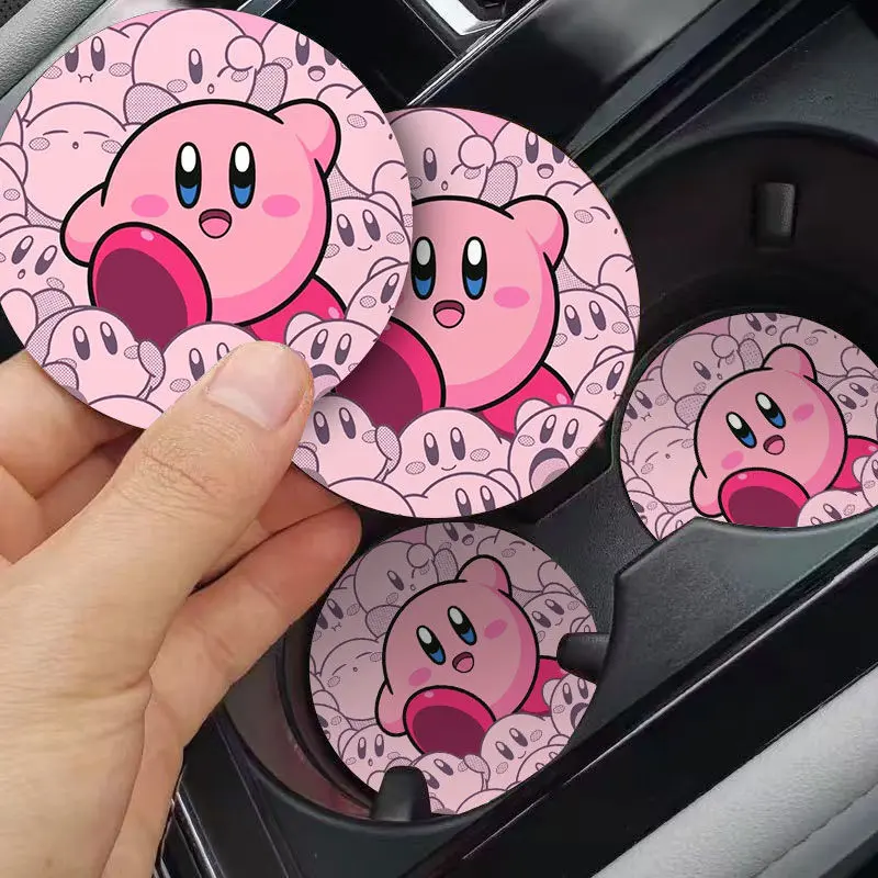Kawaii Kirby Car Coaster Cute Anime Cartoon Water Cup Slot Storage Mat Car Decoration Thickened Non-slip Accessory Couple Gift