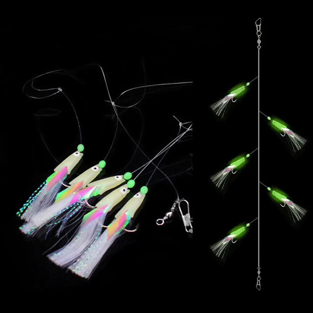 5Pcs/Set High Quality Carbon Steel Mackerel Feathers Bass Cod Lure Sea Fishing Luminous Fishing Hook Treble Bait Fishing Wire