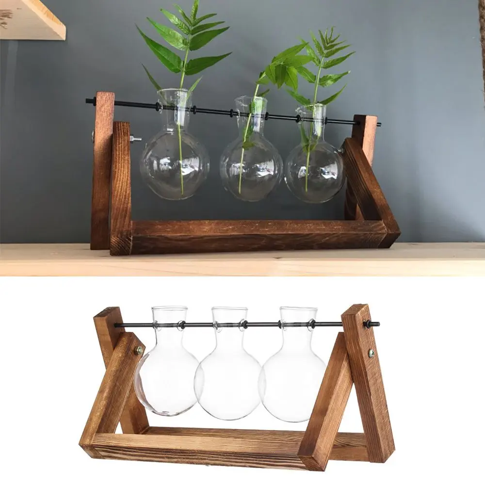 Hydroponic Plant Vases Glass Vase Vintage Bonsai Flower Pot Terrarium Tabletop Tray Wooden Frame Home Decor