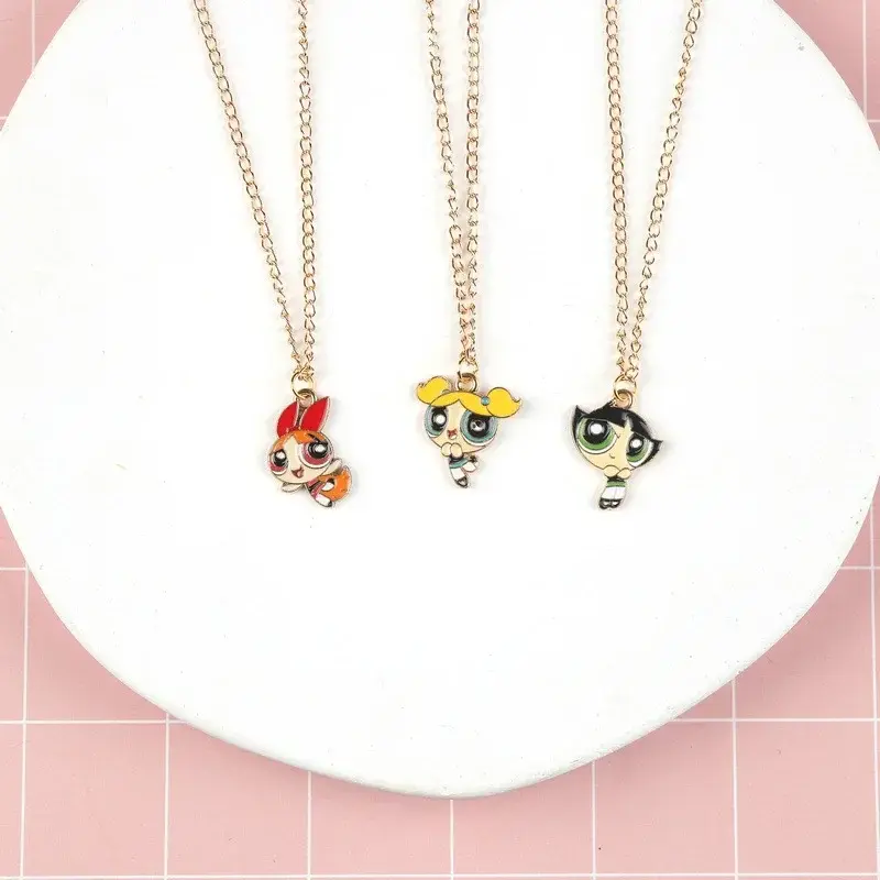 Anime PowerPuffs Cartoon Girls Necklaces Cartoon Peripheral Anime Figure Jewelry Accessories Cute Alloy Pendant Christmas Gifts