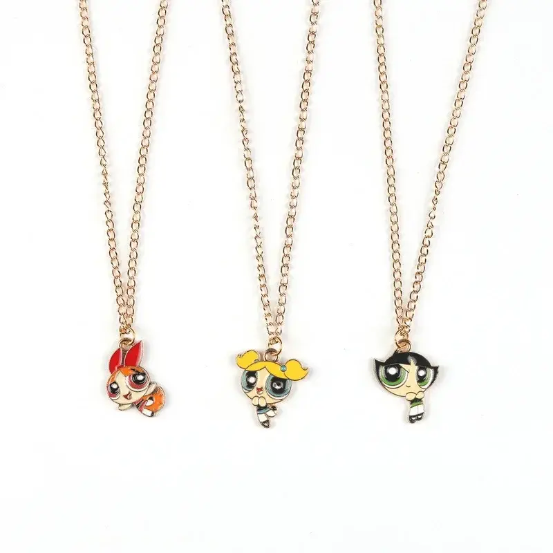 Anime PowerPuffs Cartoon Girls Necklaces Cartoon Peripheral Anime Figure Jewelry Accessories Cute Alloy Pendant Christmas Gifts