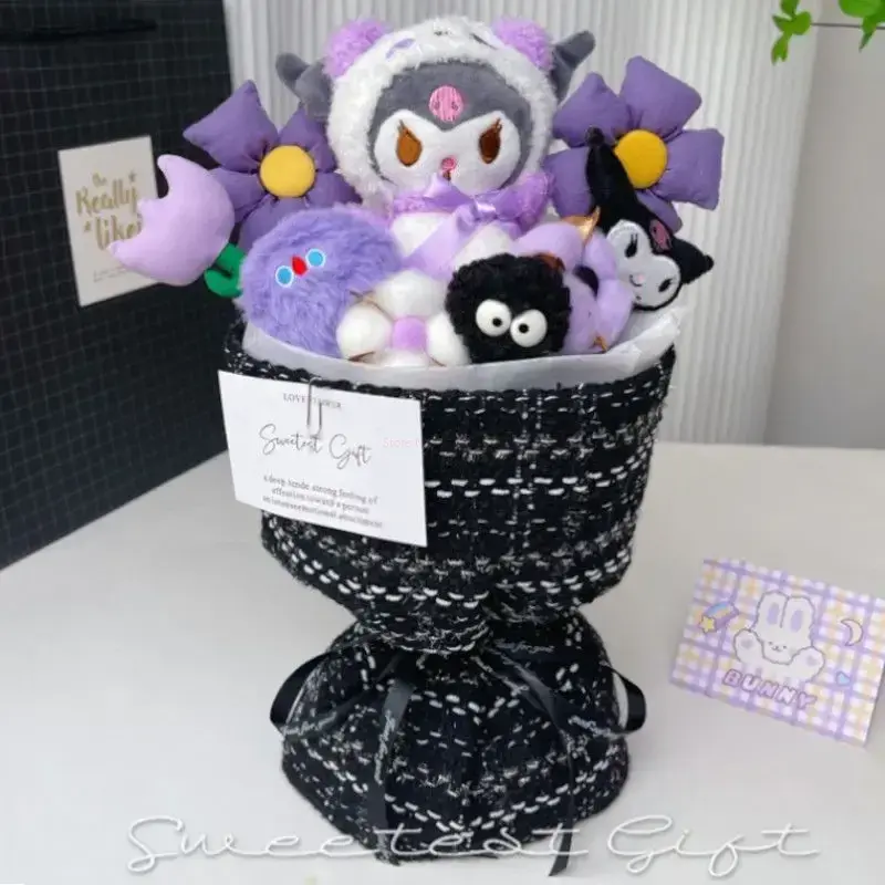 Sanrio Anime Kuromi Plush Flower Bouquet Cartoon Hellokitty Cinnamoroll Stuffed Plush Toy Kawaii Decor Doll Girl Valentine Gift