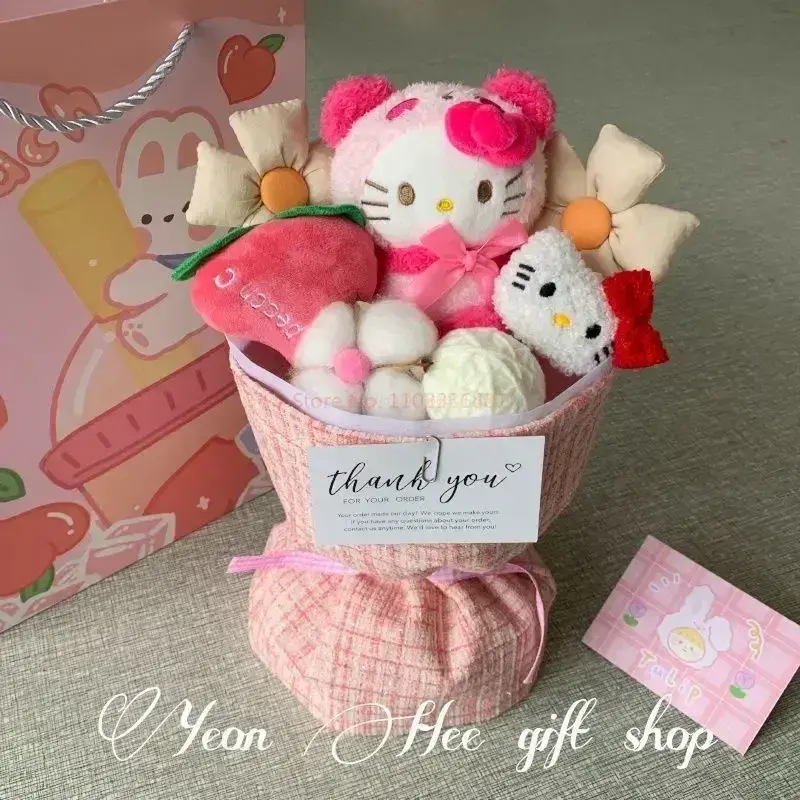 Sanrio Anime Kuromi Plush Flower Bouquet Cartoon Hellokitty Cinnamoroll Stuffed Plush Toy Kawaii Decor Doll Girl Valentine Gift