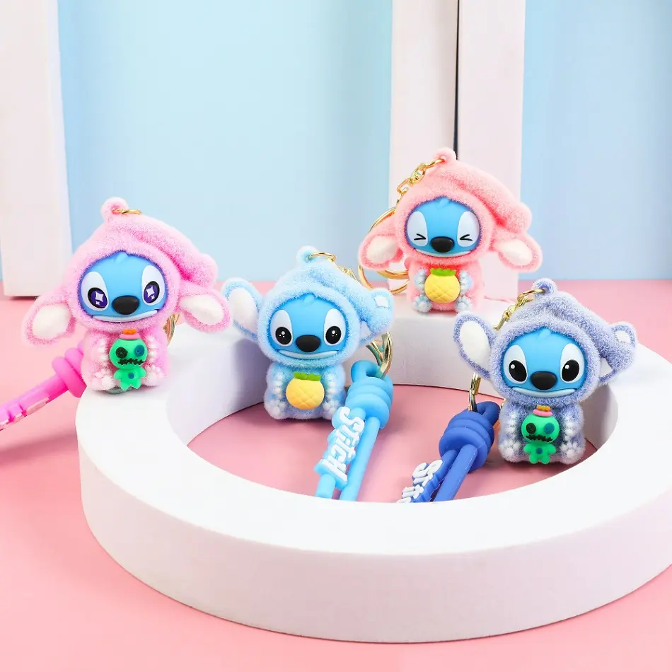 New Creative Idea Cute Flocking Stitch keychain accessories PVC Cartoon Mini Doll Bag Pendant holiday small gift Accessories