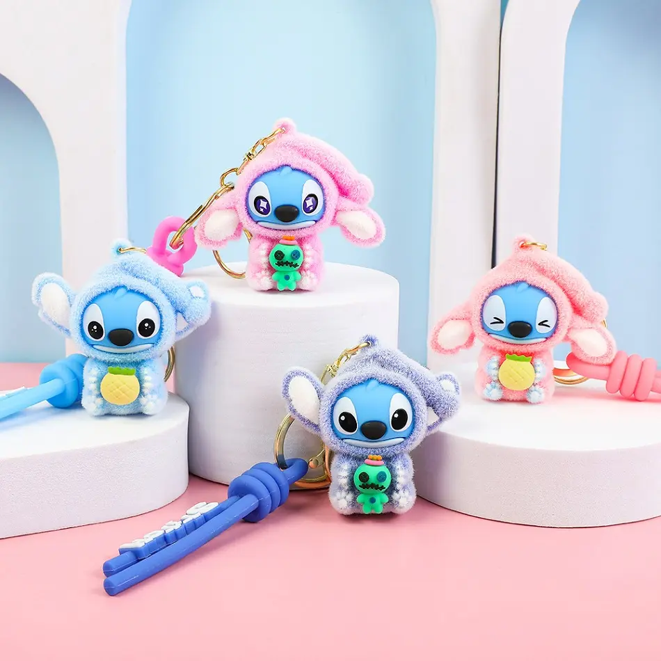 New Creative Idea Cute Flocking Stitch keychain accessories PVC Cartoon Mini Doll Bag Pendant holiday small gift Accessories