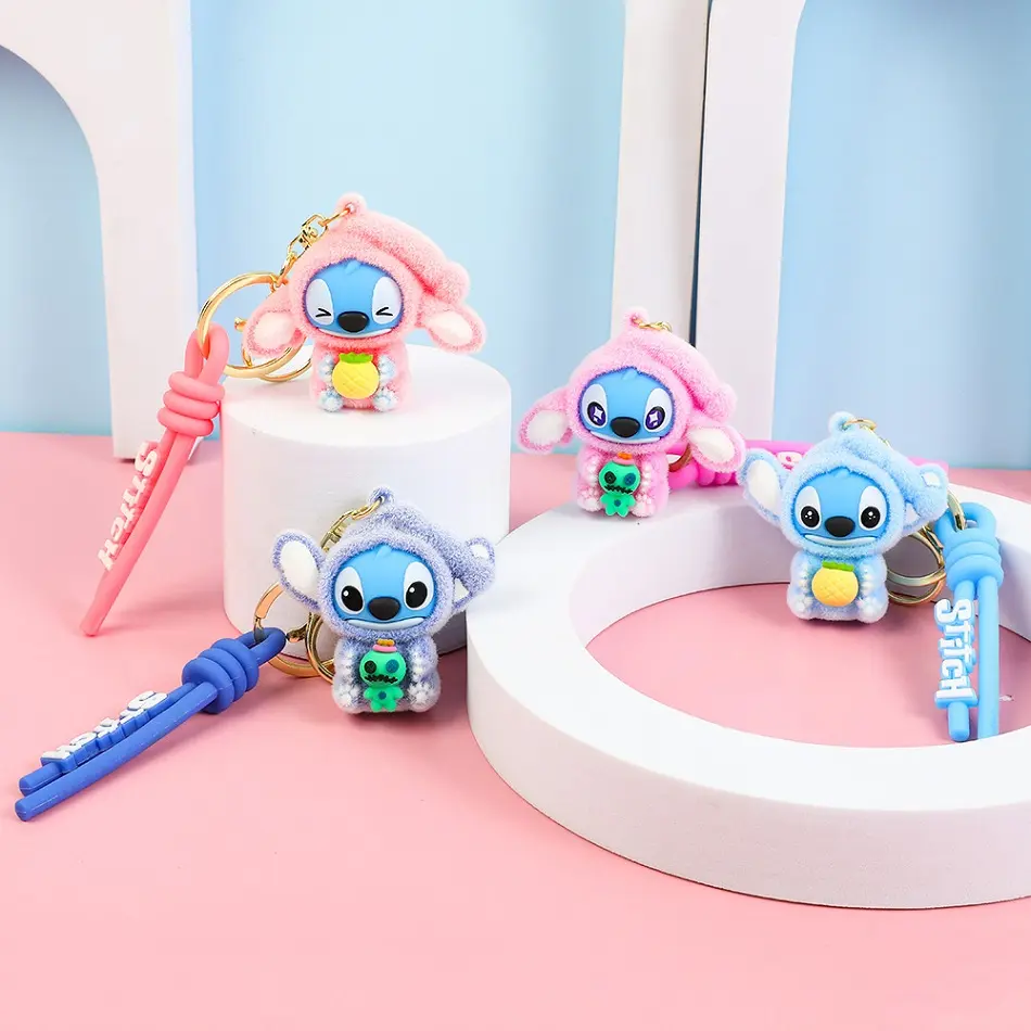 New Creative Idea Cute Flocking Stitch keychain accessories PVC Cartoon Mini Doll Bag Pendant holiday small gift Accessories