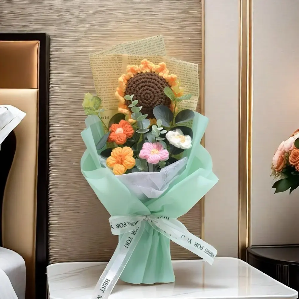 Artificial Flower Crochet Bouquet Handmade Sunflower Daisy Bouquet Anniversary Mothers Day Birthday Gift Eternal Flower
