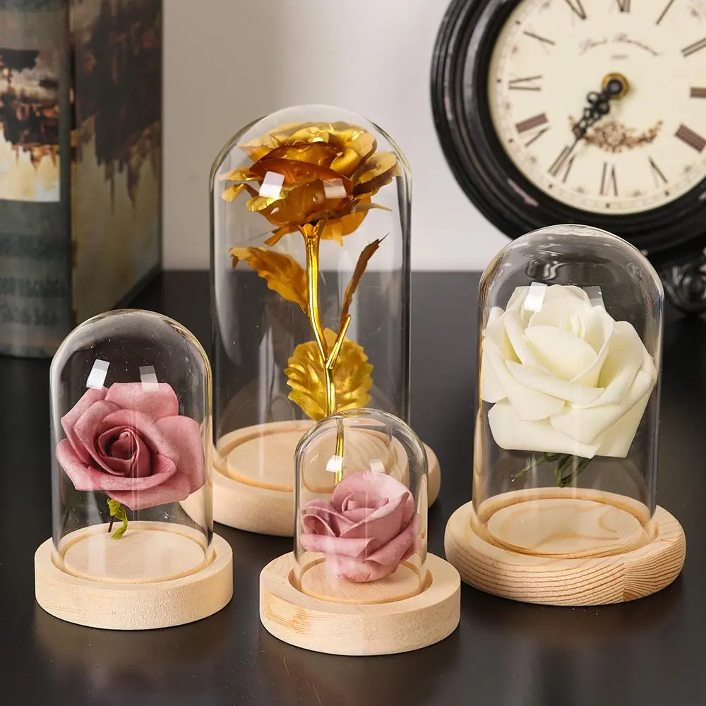 Glass Cloche Jar Display Stand Cover Terrarium Bottle with Wooden Base Acrylic Dust Cover Display Box Immortal Flower Box