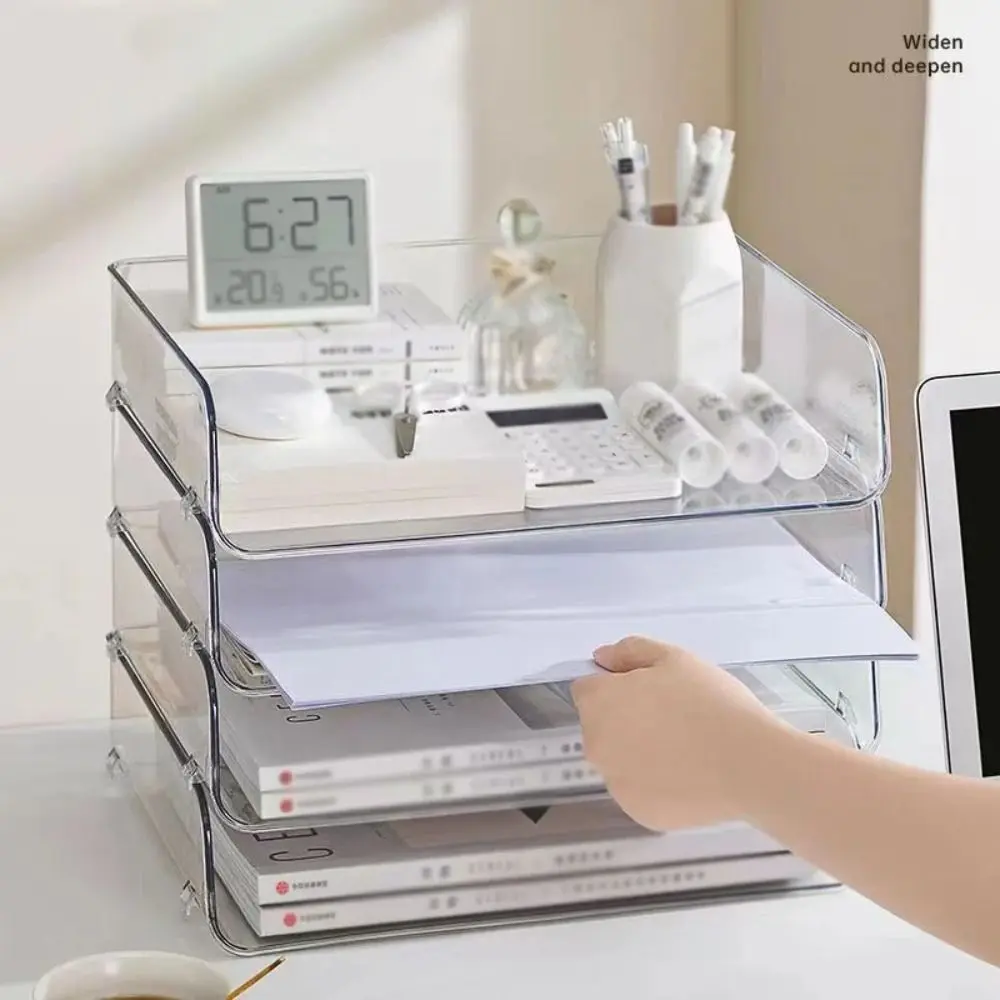 Transparent Desktop File Tray Stackable Large Capacity Stationery Book Storage Rack Home Office A4 Document Paper Organizer