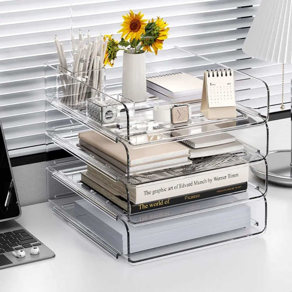 Transparent Desktop File Tray Stackable Large Capacity Stationery Book Storage Rack Home Office A4 Document Paper Organizer