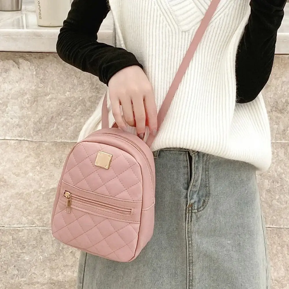 Mini Lingge Embroidery Small Backpack Fashion Solid Color Zipper Women Shoulder Bag Large Capacity PU Leather Travel Rucksack