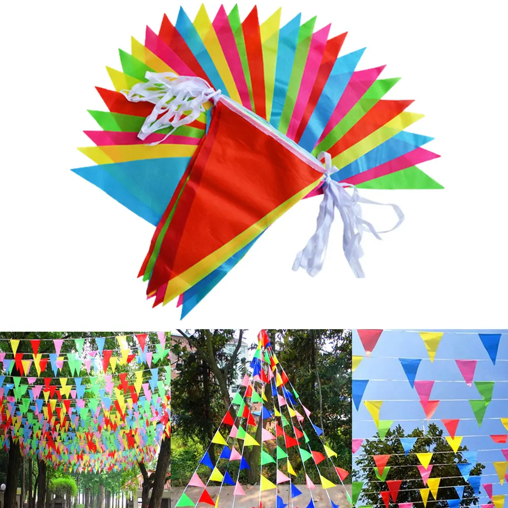 100M Multicolored Triangle Flags Bunting Banner Nylon Fabric Pennant Festival Outdoor Colorful Decoration