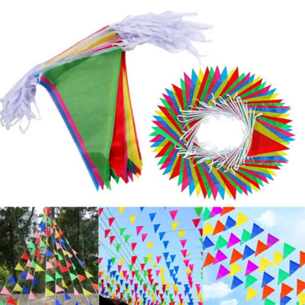 100M Multicolored Triangle Flags Bunting Banner Nylon Fabric Pennant Festival Outdoor Colorful Decoration