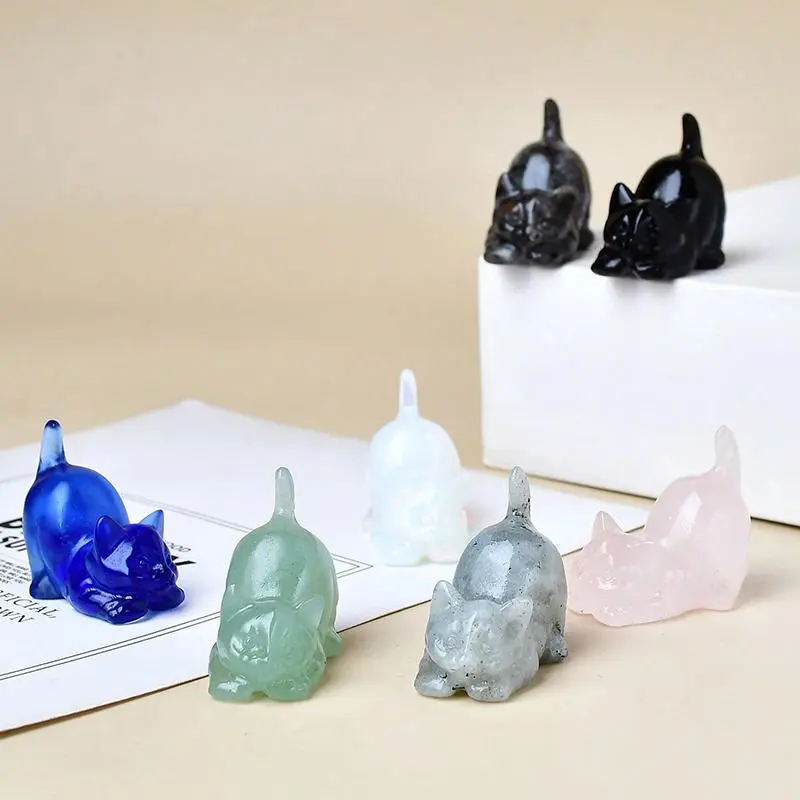 1pc Cute Lazy Cat Statue Natural Stone Crystal Carved Healing Animal Figurine Reiki Gemstone Crafts Home Decoration Lovely Gift