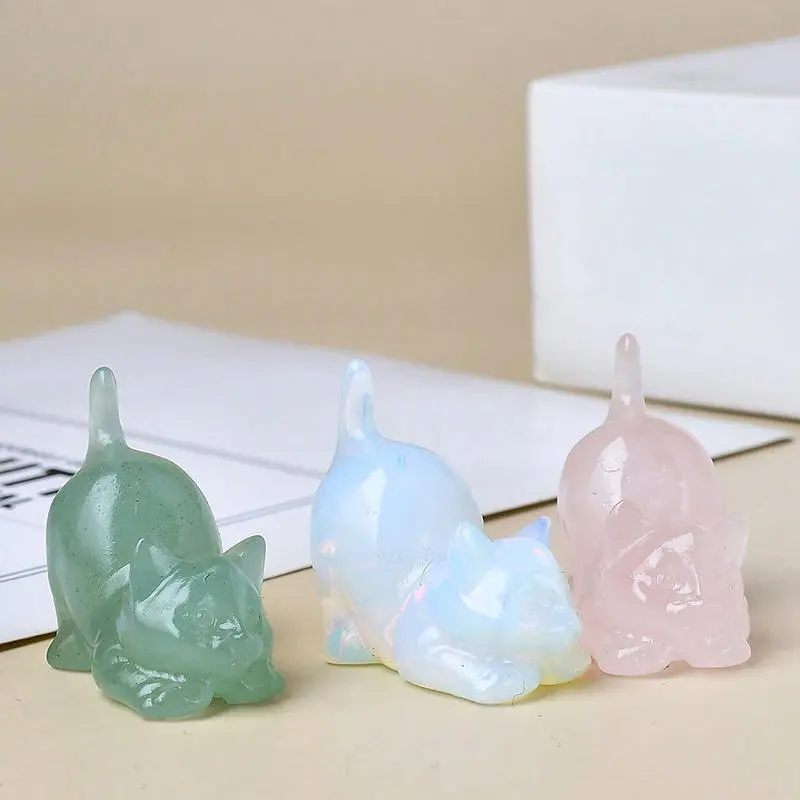 1pc Cute Lazy Cat Statue Natural Stone Crystal Carved Healing Animal Figurine Reiki Gemstone Crafts Home Decoration Lovely Gift