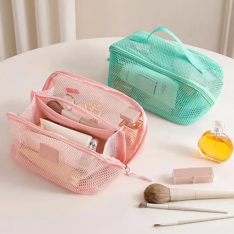 Women's Portable Storage Toiletry Organizer Bag Mesh Transparent Makeup Bag Large Capacity Tote Multifunctional Makeup Case