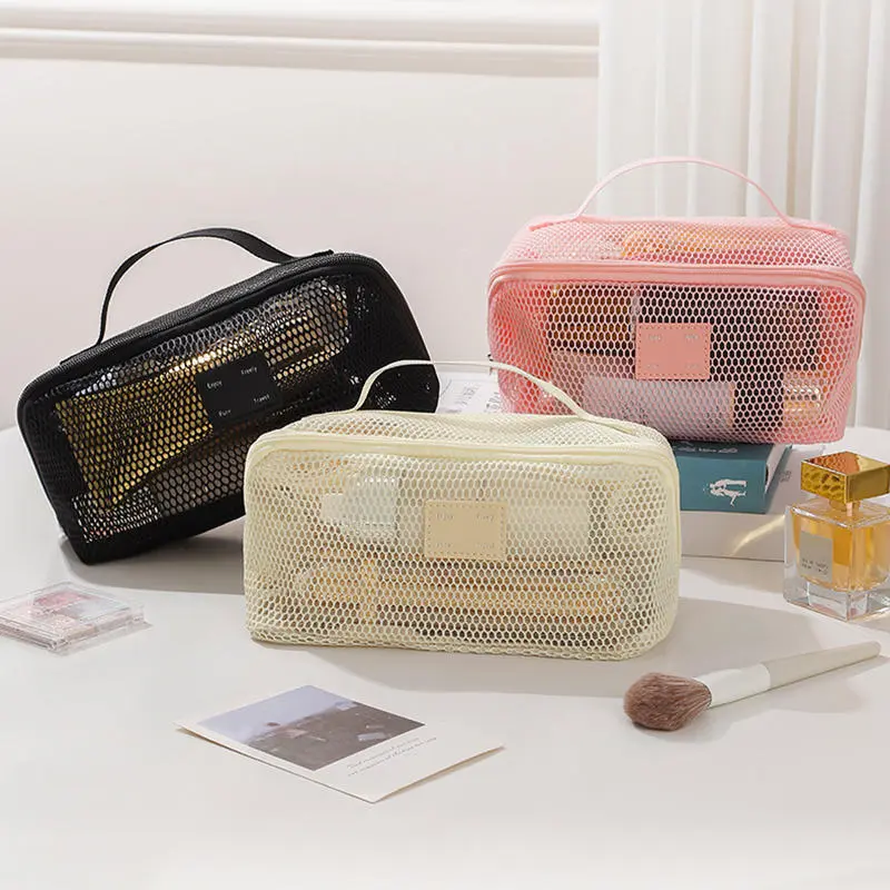 Women's Portable Storage Toiletry Organizer Bag Mesh Transparent Makeup Bag Large Capacity Tote Multifunctional Makeup Case