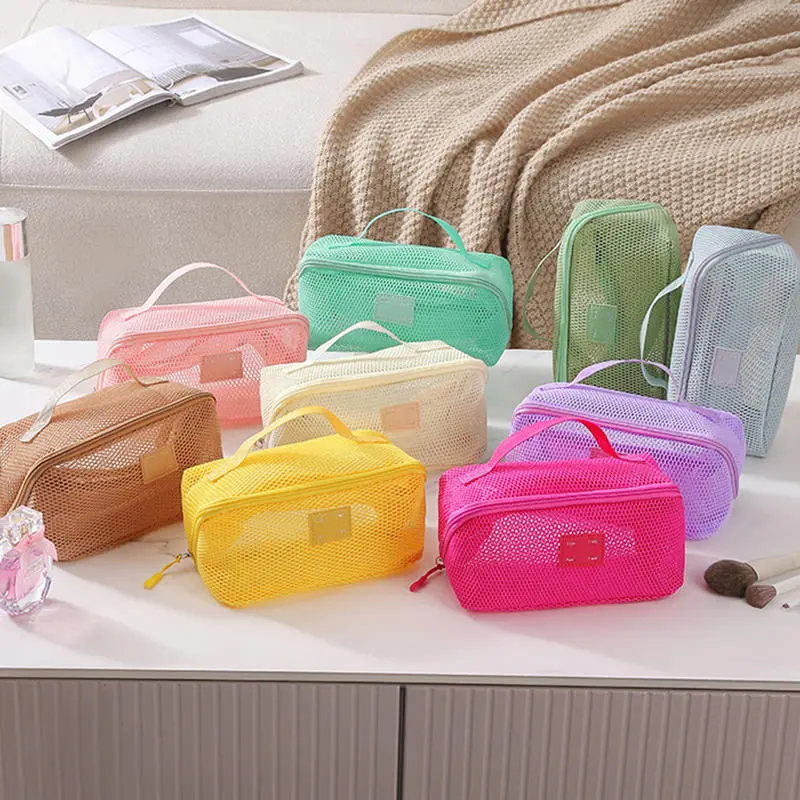 Women's Portable Storage Toiletry Organizer Bag Mesh Transparent Makeup Bag Large Capacity Tote Multifunctional Makeup Case