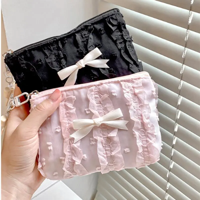 Cute Bow Girls Storage Bag Solid Color Soft Coin Purse Lipstick Headphone Bag Large Capacity Lace Clutch Bag