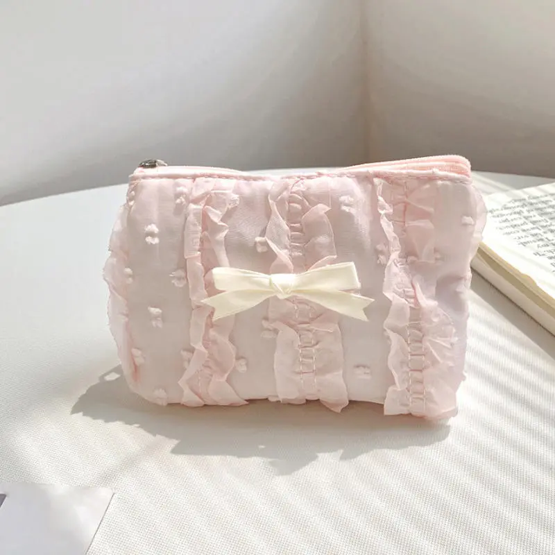 Cute Bow Girls Storage Bag Solid Color Soft Coin Purse Lipstick Headphone Bag Large Capacity Lace Clutch Bag
