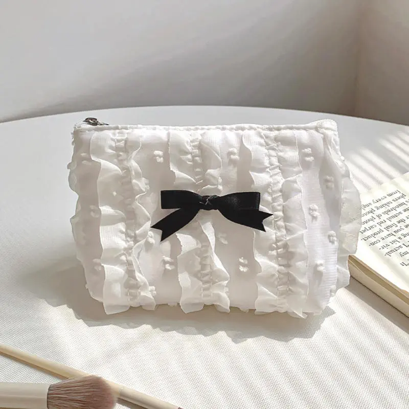 Cute Bow Girls Storage Bag Solid Color Soft Coin Purse Lipstick Headphone Bag Large Capacity Lace Clutch Bag